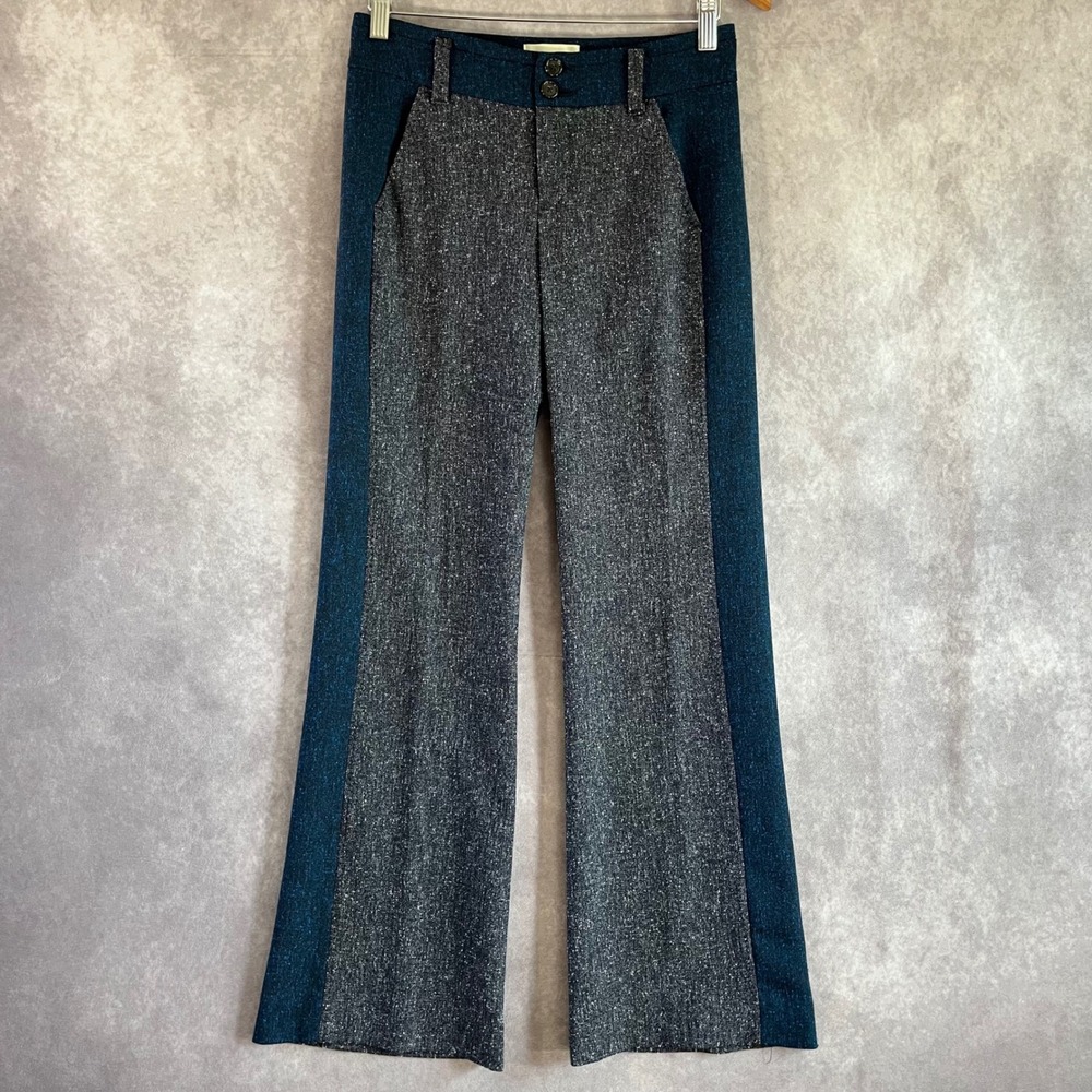 Elevenses The Brighton Pants Womens 0 Blue Gray Tweed Wide Leg Contrast Stripe
